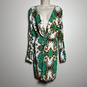 Forever 21 Plus Baroque Mini Dress 1X Green Gold Twist Front Event Going Out